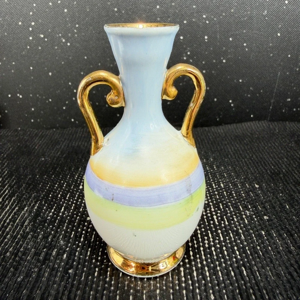 Vintage German Porcelain Miniature Bud Vase Hand Painted Swan Landscape Gold